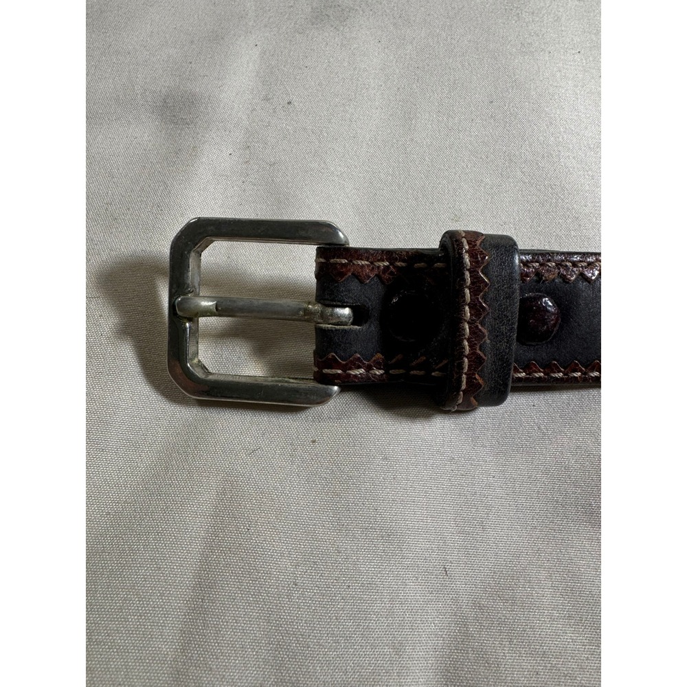 Hugo Boss Mens Leather Belt Size 90 Black Brown Contrast Stitch Logo Plaque